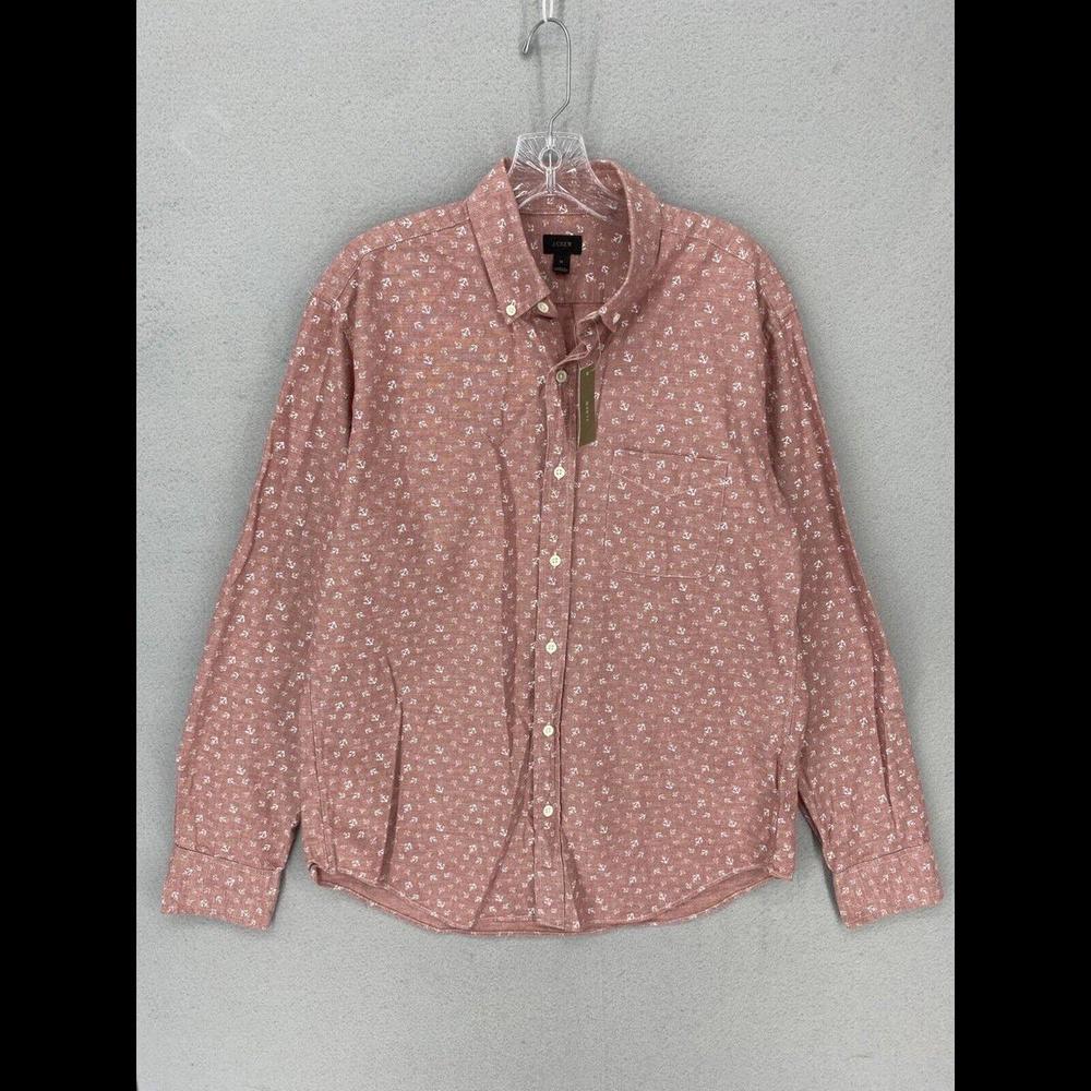 NWT J Crew Mens Shirt Size Medium Red Anchor Print Long Sleeve Button Up